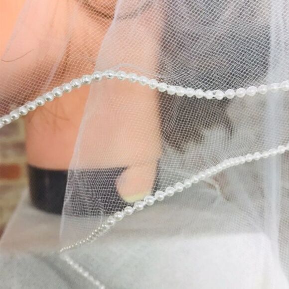 VTG Bridal Veil Wedding Tulle Pearl Band Tiered